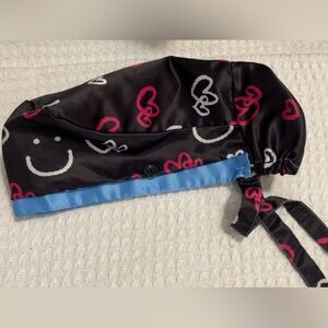 Black Satin Scrub cap with Pink and White Hearts